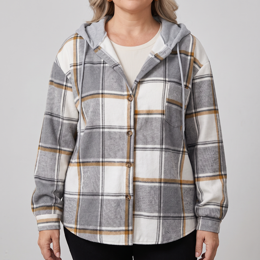 Women's Check Hooded Coat – Single-Breasted Plaid Winter Coat