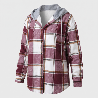 Women's Check Hooded Coat – Single-Breasted Plaid Winter Coat