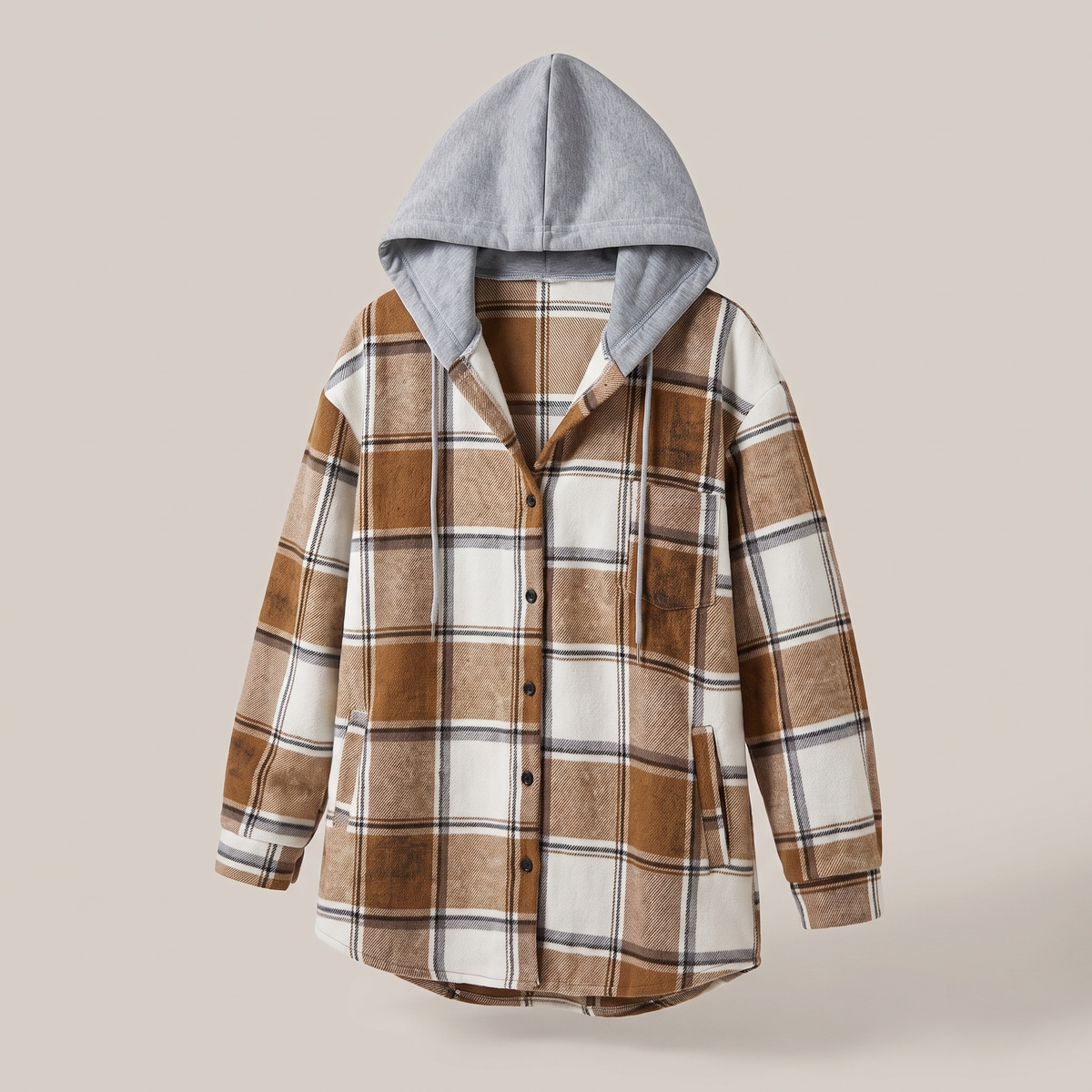 Women's Check Hooded Coat – Single-Breasted Plaid Winter Coat