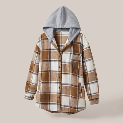 Women's Check Hooded Coat – Single-Breasted Plaid Winter Coat