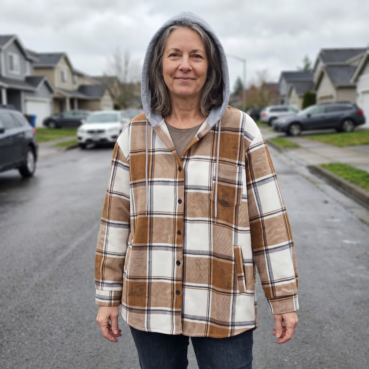 Women's Check Hooded Coat – Single-Breasted Plaid Winter Coat