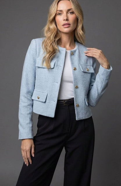 Women's Cropped Collarless Tweed Blazer Gold Button Flap Pockets