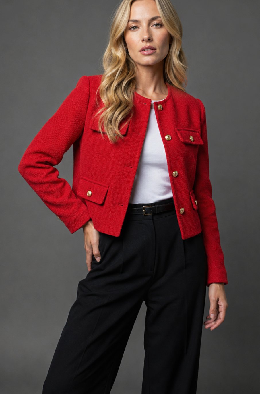 Women's Cropped Collarless Tweed Blazer Gold Button Flap Pockets
