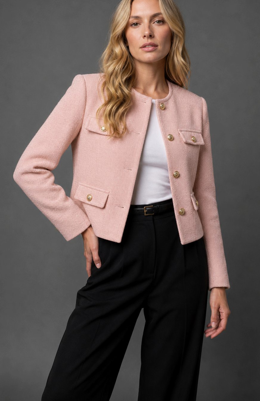 Women's Cropped Collarless Tweed Blazer Gold Button Flap Pockets
