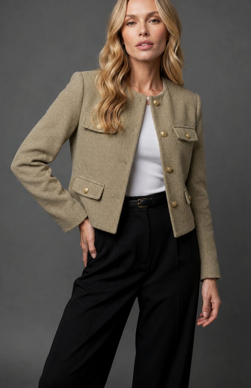 Women's Cropped Collarless Tweed Blazer Gold Button Flap Pockets