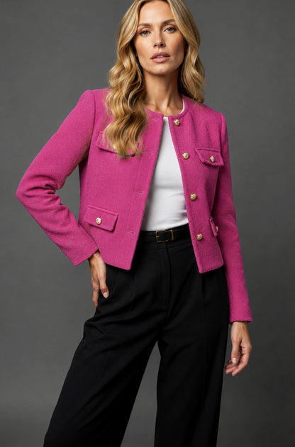 Women's Cropped Collarless Tweed Blazer Gold Button Flap Pockets