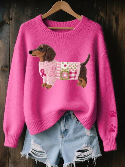 Women's Dachshund Patchwork Crewneck Knit Sweater
