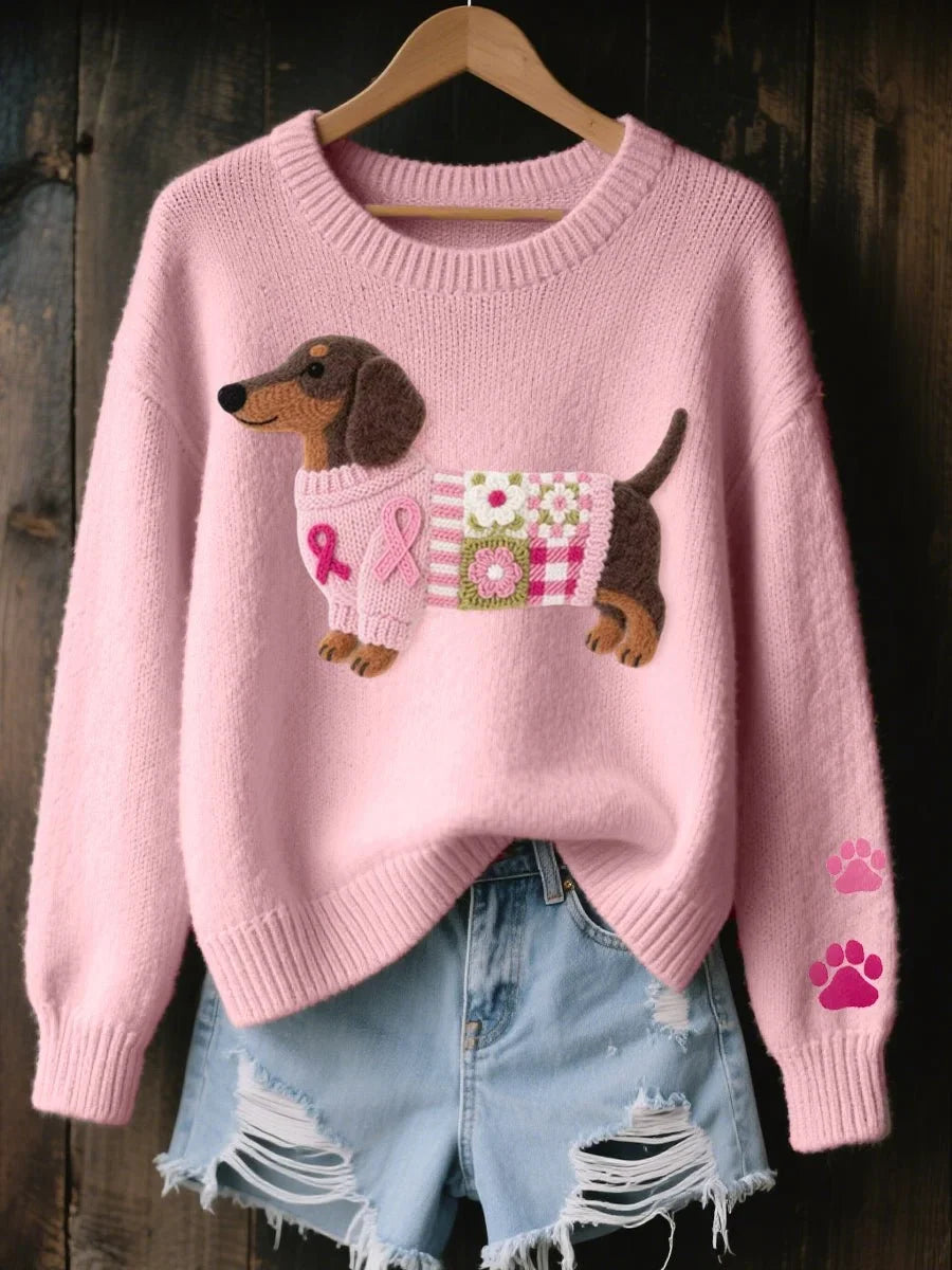 Women's Dachshund Patchwork Crewneck Knit Sweater