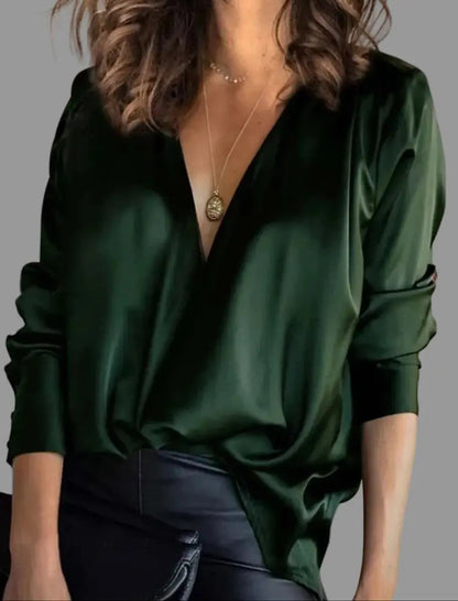 Women's Deep V-Neck Satin Draped Long-Sleeve Blouse