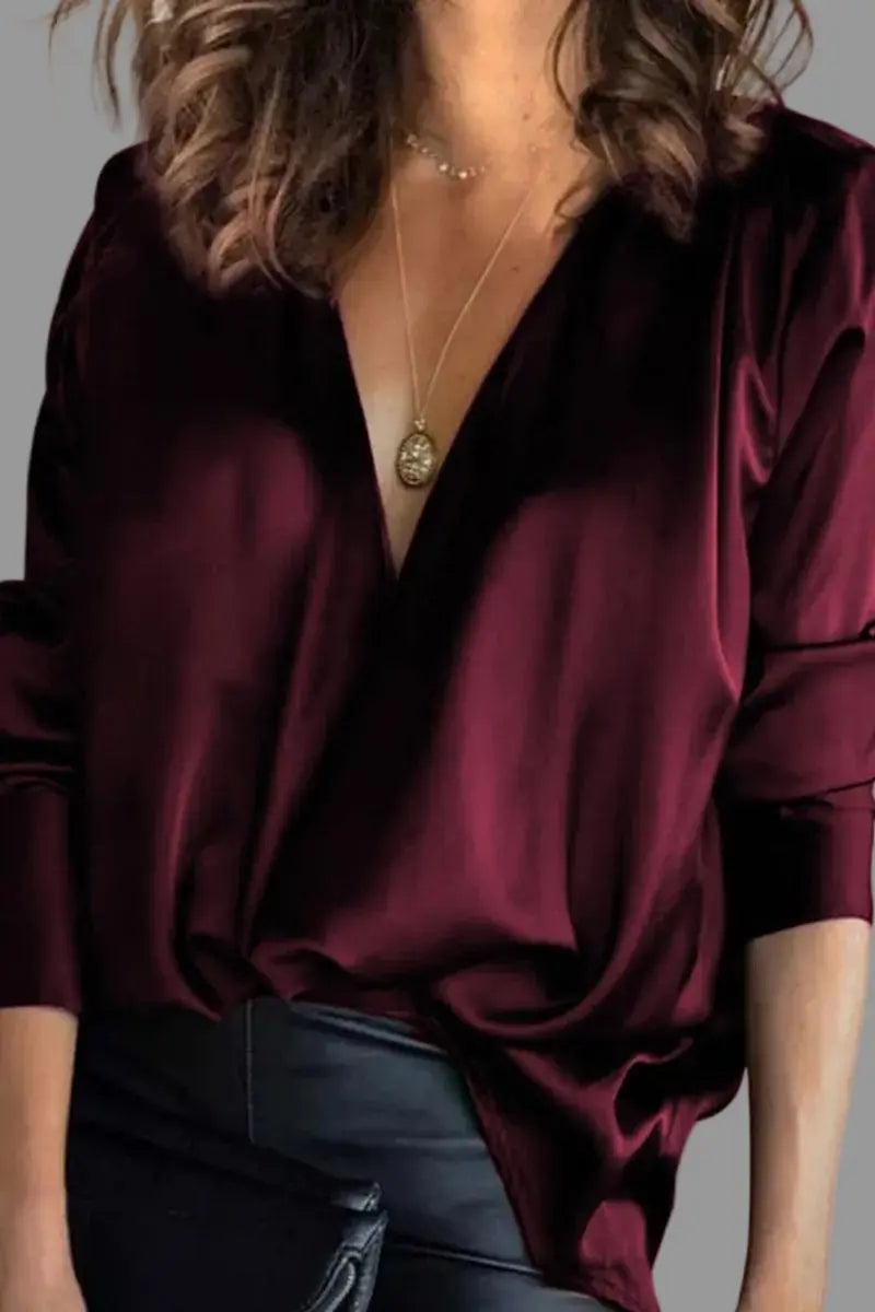 Women's Deep V-Neck Satin Draped Long-Sleeve Blouse