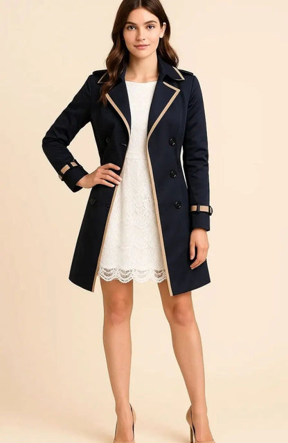 Willow | Women's Double-Breasted Short Trench Coat Black Piping