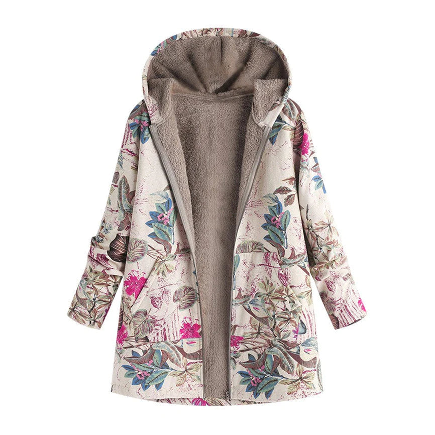 Women's Floral Print Hooded Winter Coat – Adjustable Hood Womens Coat