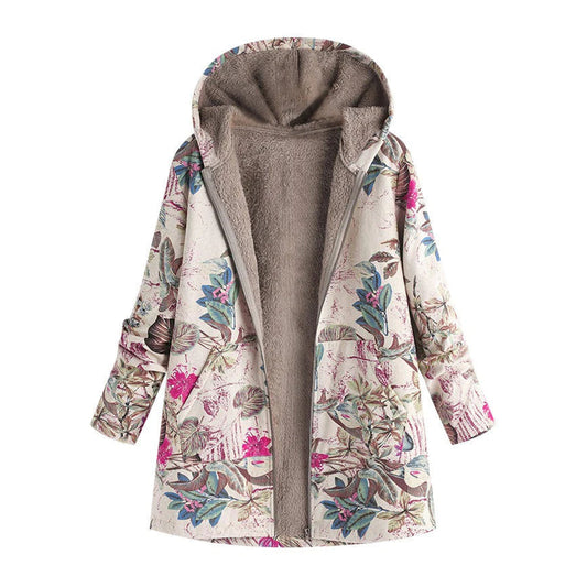 Women's Floral Print Hooded Winter Coat – Adjustable Hood Womens Coat