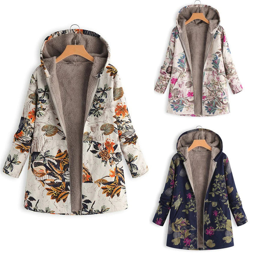Women's Floral Print Hooded Winter Coat – Adjustable Hood Womens Coat