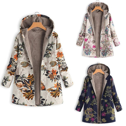 Women's Floral Print Hooded Winter Coat – Adjustable Hood Womens Coat