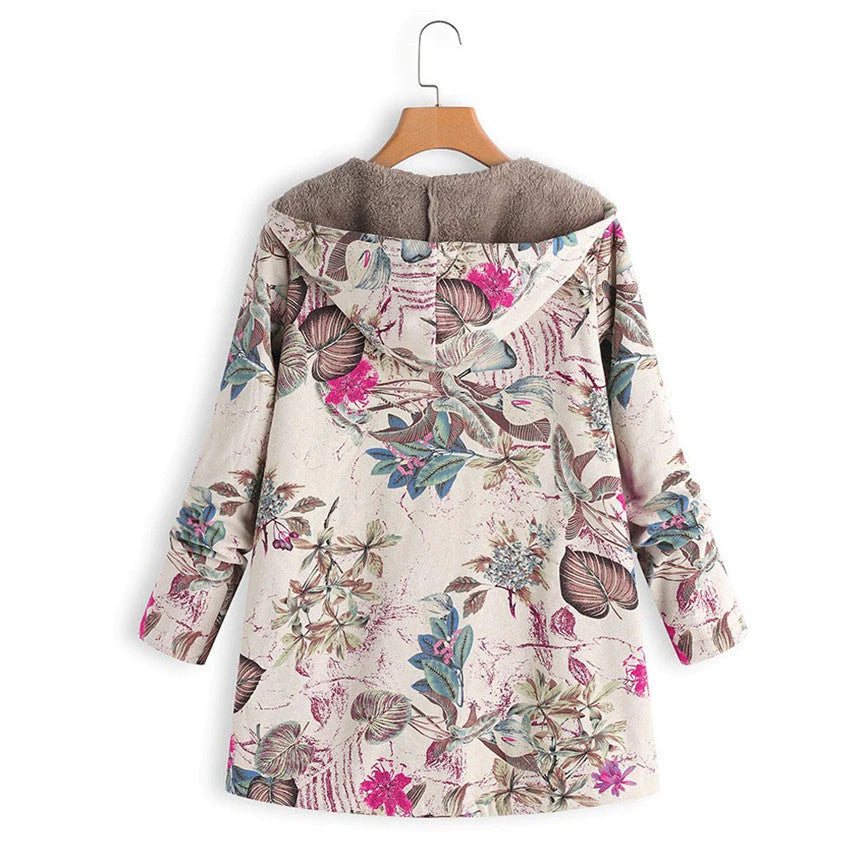 Women's Floral Print Hooded Winter Coat – Adjustable Hood Womens Coat