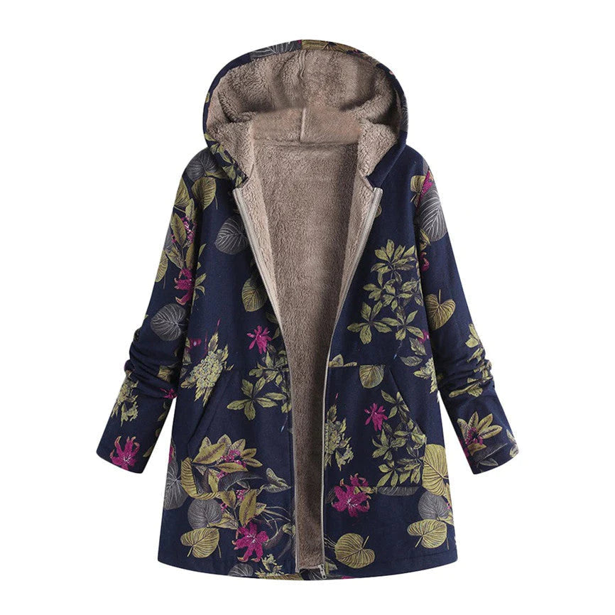 Women's Floral Print Hooded Winter Coat – Adjustable Hood Womens Coat