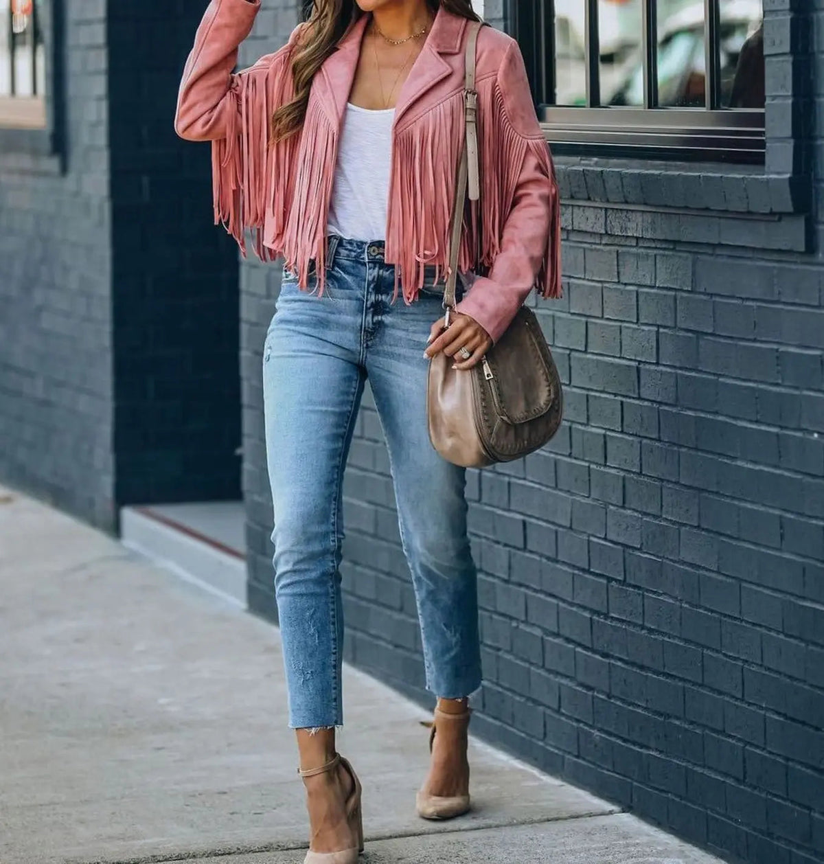 Women's Fringed Suede Cropped Moto Jacket