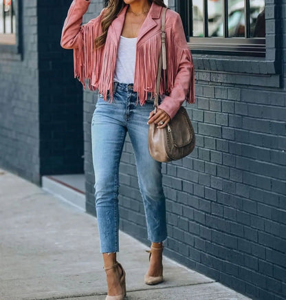 Women's Fringed Suede Cropped Moto Jacket