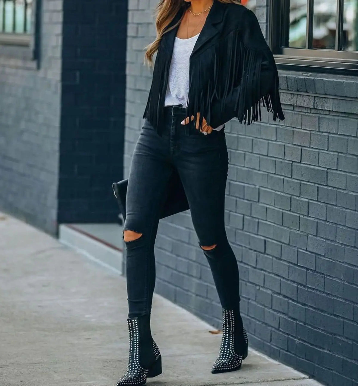 Women's Fringed Suede Cropped Moto Jacket