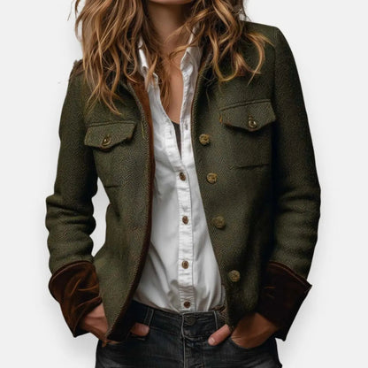 Mia | Women's Herringbone Tweed Utility Quilted Jacket Gold Button Detail