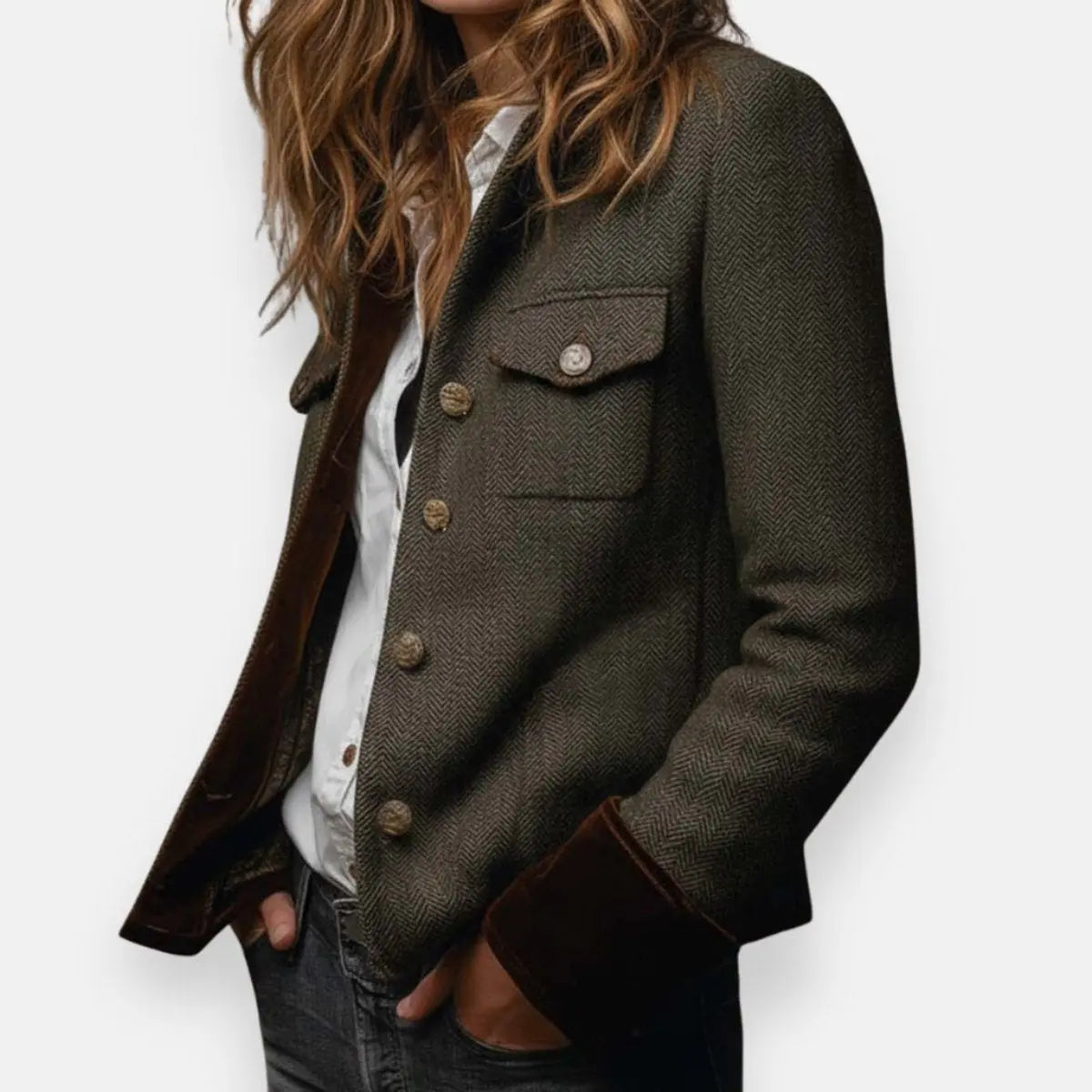 Mia | Women's Herringbone Tweed Utility Quilted Jacket Gold Button Detail