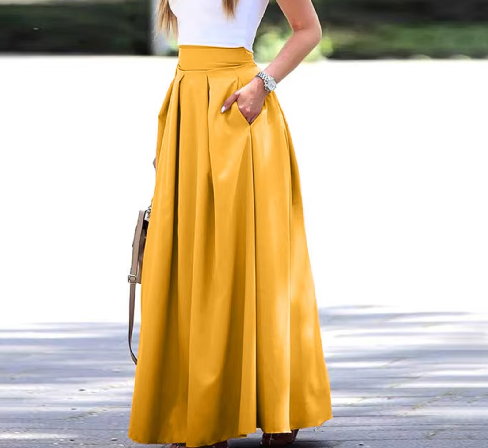 Women's High Waist Pleated Maxi Skirt – Breathable Fabric