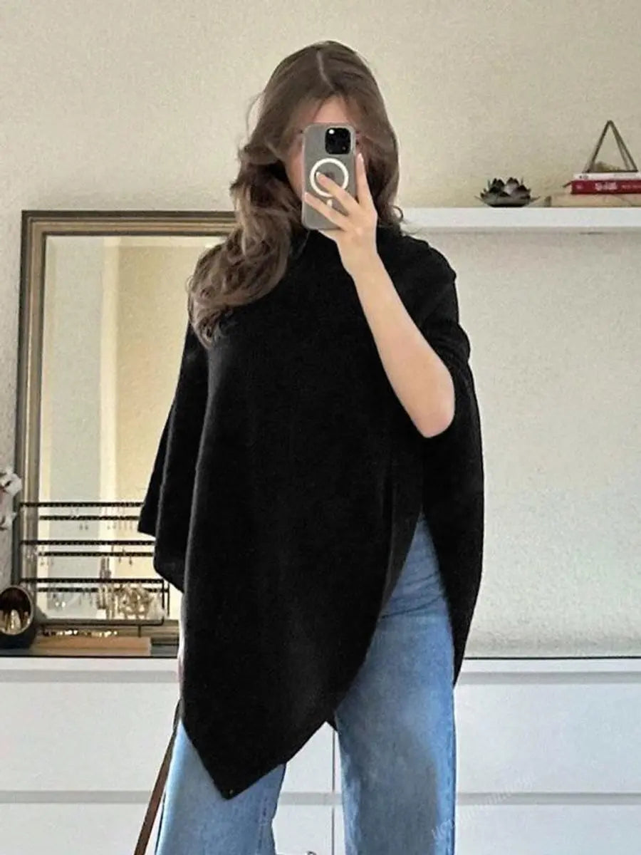 Women's Knit Cape Coat Asymmetric Hem Draped Poncho