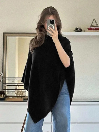 Women's Knit Cape Coat Asymmetric Hem Draped Poncho