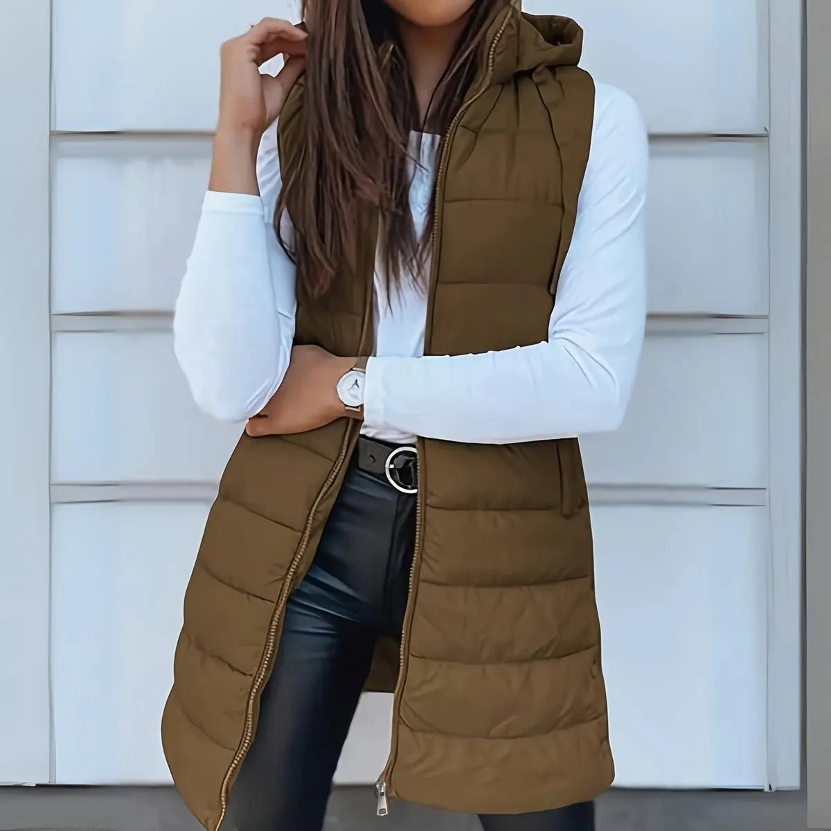 Women's Longline Hooded Sleeveless Puffer Vest