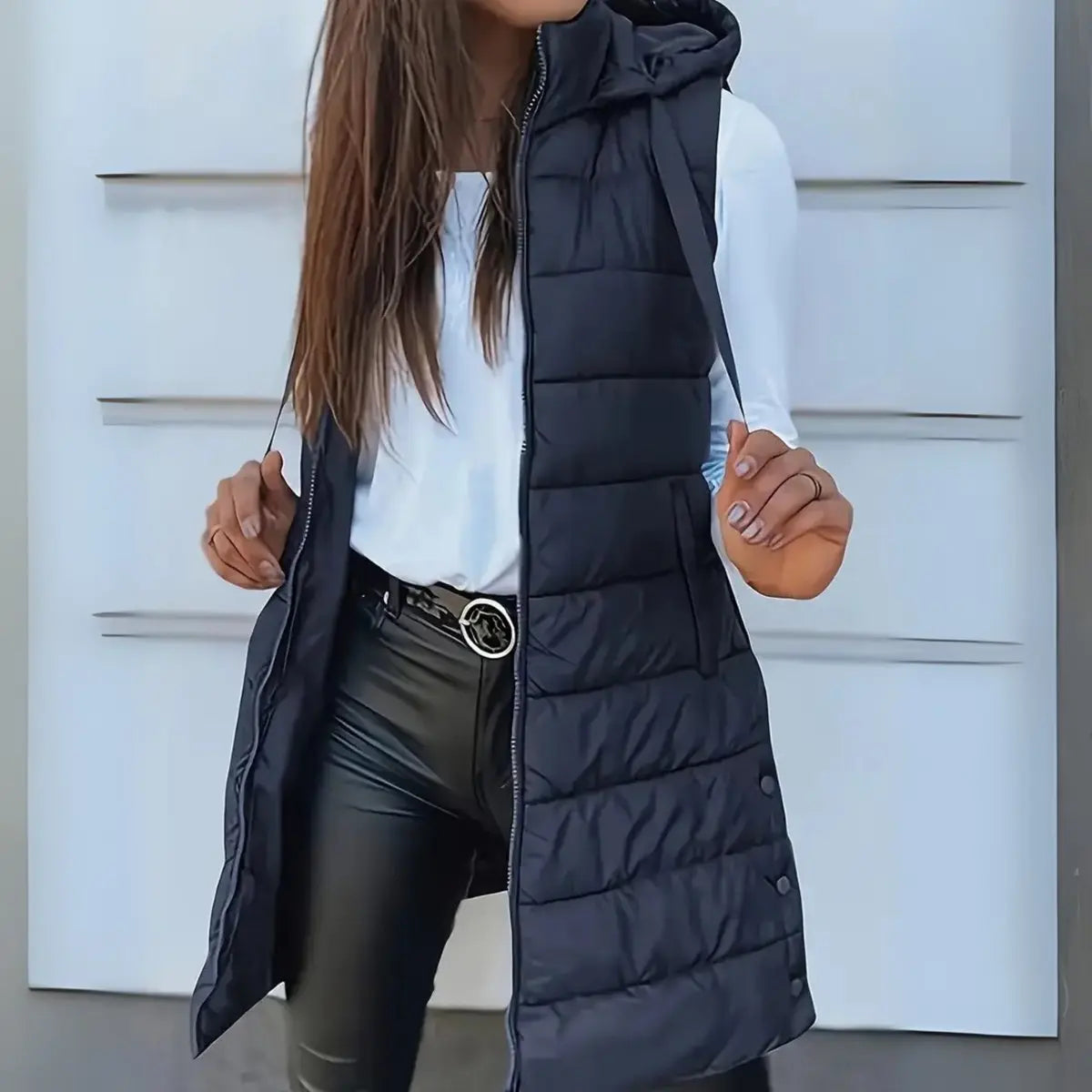 Women's Longline Hooded Sleeveless Puffer Vest