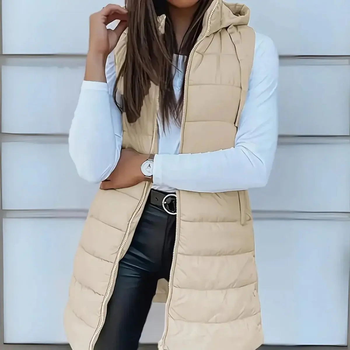 Women's Longline Hooded Sleeveless Puffer Vest