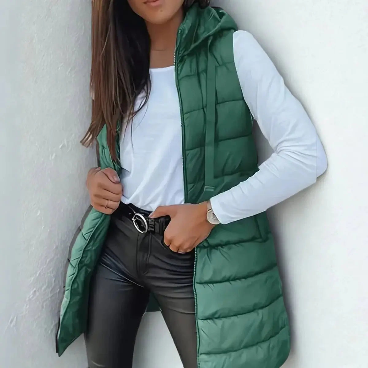 Women's Longline Hooded Sleeveless Puffer Vest