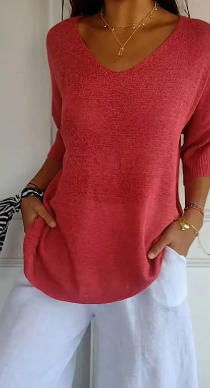 Women's Longline Loose Fit V-Neck Knit Tunic Top