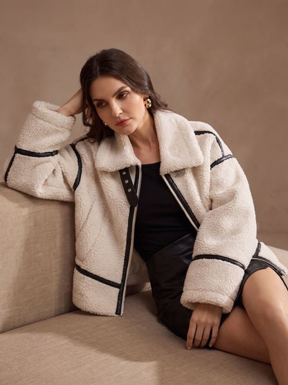 Florence | Women's Oversized Sherpa Teddy Jacket Contrast Trim Zip-Up