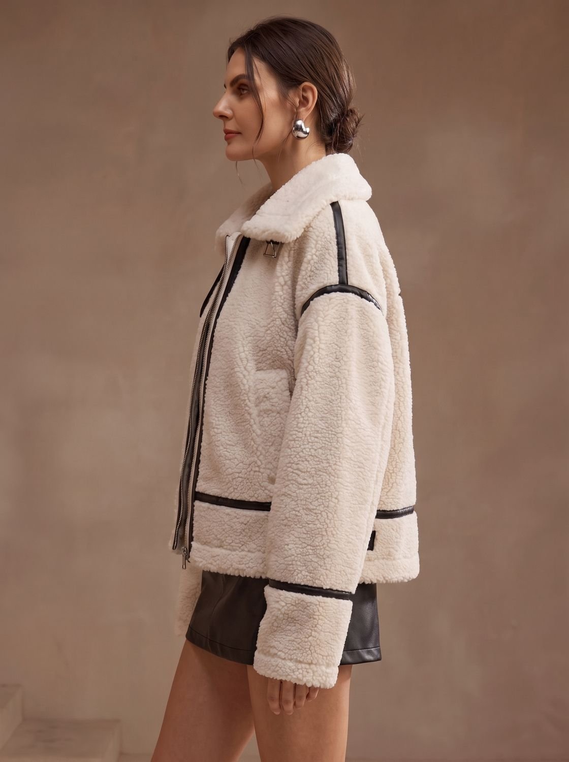 Florence | Women's Oversized Sherpa Teddy Jacket Contrast Trim Zip-Up