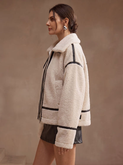 Florence | Women's Oversized Sherpa Teddy Jacket Contrast Trim Zip-Up