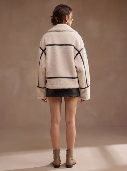 Florence | Women's Oversized Sherpa Teddy Jacket Contrast Trim Zip-Up