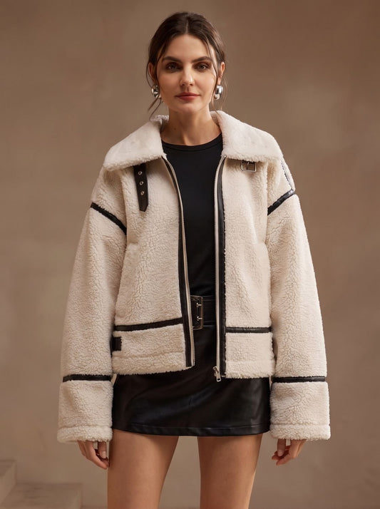Florence | Women's Oversized Sherpa Teddy Jacket Contrast Trim Zip-Up