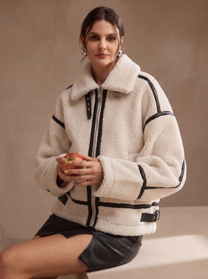 Florence | Women's Oversized Sherpa Teddy Jacket Contrast Trim Zip-Up