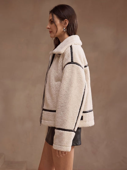 Florence | Women's Oversized Sherpa Teddy Jacket Contrast Trim Zip-Up