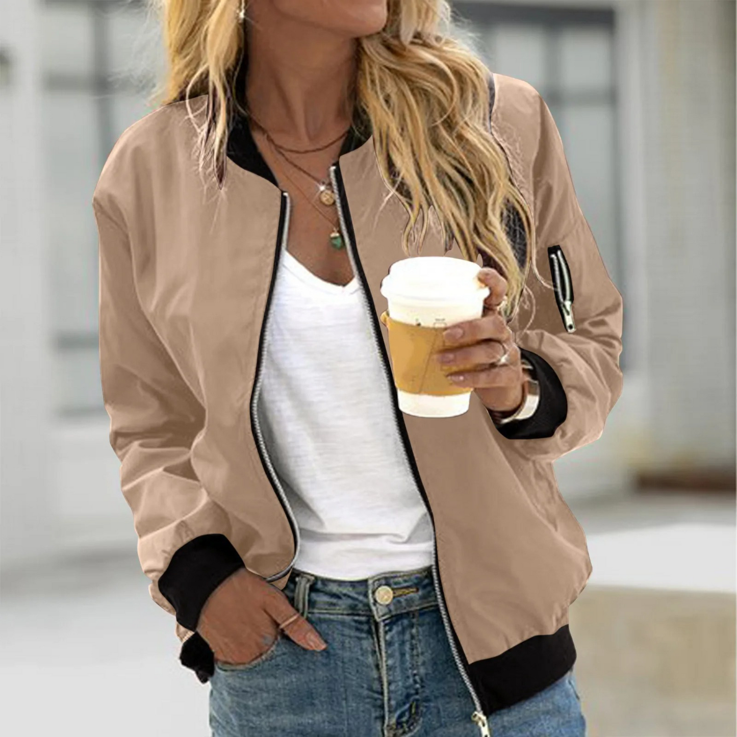 Women's Stylish Bomber Jacket with Zip Closure