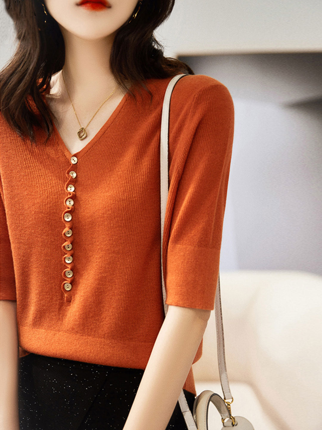 Women's V-Neck Button Knitted Top – Comfort & Style