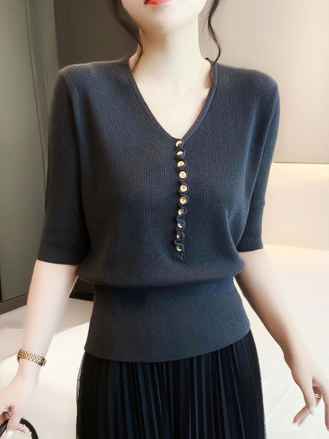Women's V-Neck Button Knitted Top – Comfort & Style