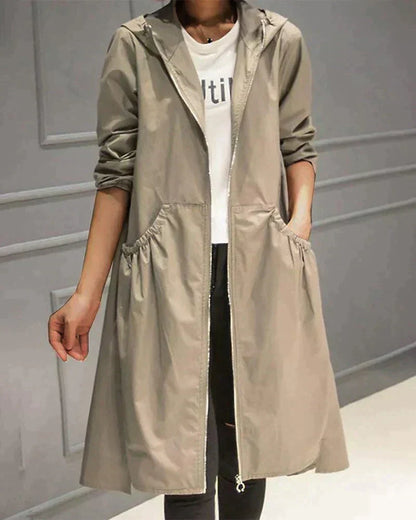 Women's Waterproof Hooded Jacket - Relaxed Fit, Knee Length