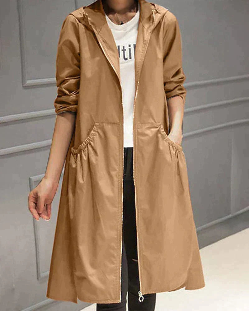 Women's Waterproof Hooded Jacket - Relaxed Fit, Knee Length