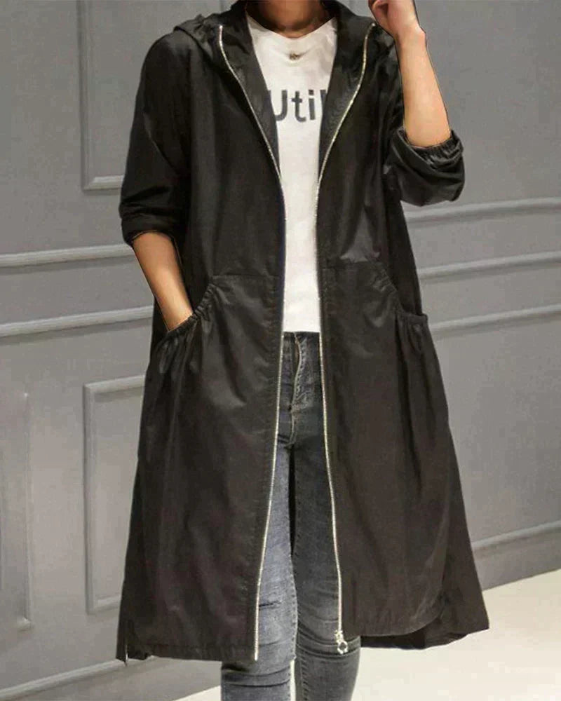 Women's Waterproof Hooded Jacket - Relaxed Fit, Knee Length