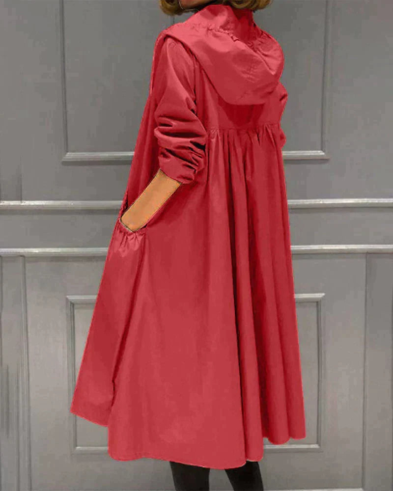 Women's Waterproof Hooded Jacket - Relaxed Fit, Knee Length