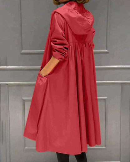 Women's Waterproof Hooded Jacket - Relaxed Fit, Knee Length