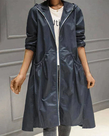 Women's Waterproof Hooded Jacket - Relaxed Fit, Knee Length